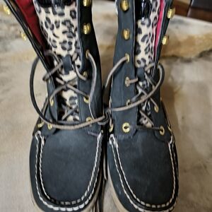 Sperry Black Leather Boots with Leopard and Red Lining Leather Laces